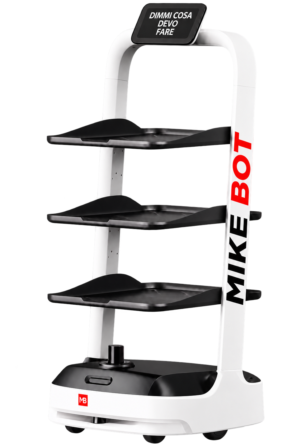 MikeBot con logo MB, robot di servizio a tre vassoi